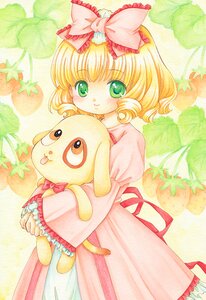 Rating: Safe Score: 0 Tags: 1girl blonde_hair bow dress flower frills green_eyes hair_bow hina_ichigo hinaichigo holding image long_sleeves looking_at_viewer marker_(medium) pink_bow pink_dress short_hair smile solo traditional_media watercolor_(medium) User: admin