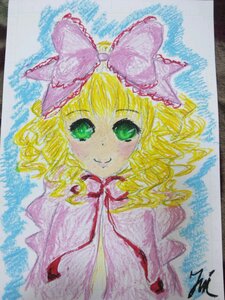 Rating: Safe Score: 0 Tags: 1girl blonde_hair bow dress green_eyes hair_bow hina_ichigo hinaichigo image looking_at_viewer pink_bow ribbon shikishi short_hair smile solo traditional_media upper_body watercolor_(medium) User: admin