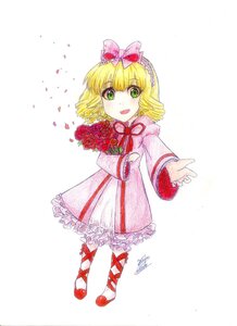 Rating: Safe Score: 0 Tags: 1girl blonde_hair bouquet bow dress flower frills full_body green_eyes hair_bow hina_ichigo hinaichigo image looking_at_viewer open_mouth petals pink_bow red_flower ribbon rose shoes short_hair signature smile solo striped traditional_media white_background User: admin