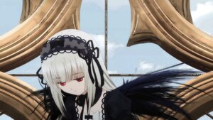 Rating: Safe Score: 0 Tags: 1girl bangs black_wings detached_collar dress frills hairband image long_hair long_sleeves red_eyes silver_hair sky solo suigintou wings User: admin