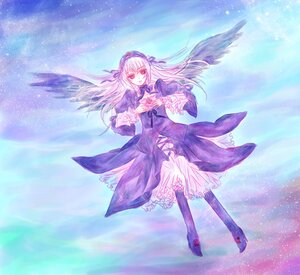 Rating: Safe Score: 0 Tags: 1girl black_wings boots dress floating_hair flower frills hairband image long_hair long_sleeves red_eyes ribbon rose sky solo star_(sky) starry_sky suigintou wings User: admin