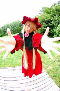 Rating: Safe Score: 0 Tags: 1girl blonde_hair blue_eyes bow dress flower foreshortening long_sleeves looking_at_viewer outstretched_arm outstretched_arms outstretched_hand pink_bow pink_flower pink_rose reaching reaching_out red_dress rose shinku solo User: admin
