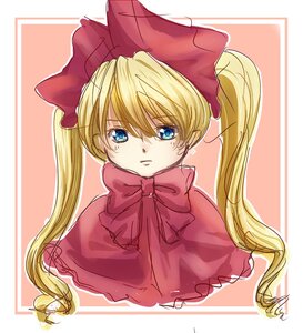 Rating: Safe Score: 0 Tags: 1girl bangs blonde_hair blue_eyes bow bowtie capelet cropped_torso eyebrows_visible_through_hair hair_between_eyes hat image long_hair looking_at_viewer pink_background portrait red_bow shinku solo striped striped_background twintails upper_body User: admin