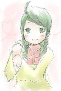 Rating: Safe Score: 0 Tags: 1girl ahoge auto_tagged blush bow bowtie green_eyes green_hair heart image kanaria long_sleeves looking_at_viewer red_bow red_neckwear shirt sketch smile solo striped upper_body User: admin