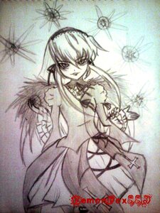 Rating: Safe Score: 0 Tags: 1girl auto_tagged bowtie dress image long_hair looking_at_viewer monochrome smile solo standing suigintou traditional_media umbrella wings User: admin