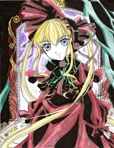 Rating: Safe Score: 0 Tags: 1girl blonde_hair blue_eyes bonnet bow bowtie dress flower green_bow green_neckwear hat image long_hair looking_at_viewer marker_(medium) red_dress rose shikishi shinku sidelocks solo traditional_media twintails User: admin