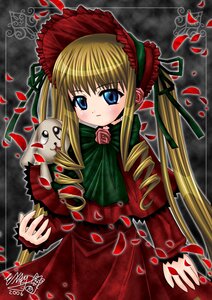 Rating: Safe Score: 0 Tags: 1girl blonde_hair blue_eyes bonnet bow bowtie dress flower green_bow image long_hair long_sleeves petals red_dress rose rose_petals shinku sidelocks solo twintails User: admin