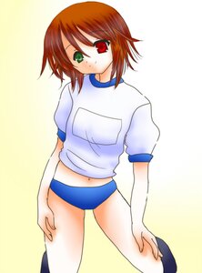 Rating: Safe Score: 0 Tags: 1girl bangs buruma green_eyes gym_uniform hand_on_own_thigh heterochromia image looking_at_viewer midriff navel red_eyes red_hair shirt short_hair short_sleeves simple_background solo souseiseki standing white_shirt User: admin