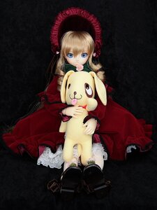 Rating: Safe Score: 0 Tags: 1girl black_background blonde_hair blue_eyes bonnet boots doll dress flower frills holding long_hair red_dress rose shinku solo stuffed_animal User: admin