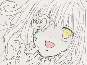 Rating: Safe Score: 0 Tags: 1girl :d bangs eyebrows_visible_through_hair flower image kirakishou looking_at_viewer mole_under_eye monochrome open_mouth rose simple_background smile solo yellow_eyes User: admin