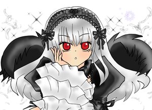 Rating: Safe Score: 0 Tags: 1girl bangs black_wings dress flower frills hairband image long_hair long_sleeves looking_at_viewer parted_lips red_eyes rose silver_hair simple_background solo sparkle suigintou white_background wings User: admin