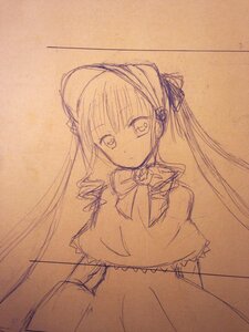 Rating: Safe Score: 0 Tags: 1girl bangs capelet closed_mouth eyebrows_visible_through_hair image long_hair long_sleeves looking_at_viewer monochrome shinku simple_background solo traditional_media twintails User: admin