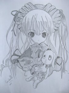Rating: Safe Score: 0 Tags: 1girl auto_tagged dress eyebrows_visible_through_hair image long_hair long_sleeves looking_at_viewer monochrome photo shinku signature simple_background solo stuffed_animal traditional_media User: admin