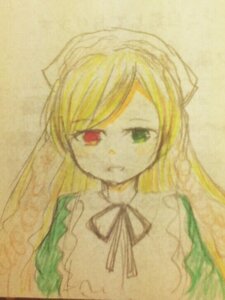 Rating: Safe Score: 0 Tags: 1girl blonde_hair closed_mouth dress green_eyes heterochromia image long_hair looking_at_viewer red_eyes ribbon simple_background solo suiseiseki traditional_media User: admin