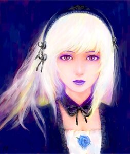 Rating: Safe Score: 0 Tags: 1girl blue_background choker detached_collar flower hairband image lips lolita_hairband long_hair portrait purple_eyes ribbon rose solo suigintou User: admin