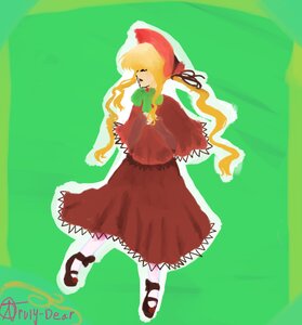 Rating: Safe Score: 0 Tags: 1girl aqua_background auto_tagged blonde_hair bonnet capelet dress full_body green_background image long_hair long_sleeves red_dress shinku solo User: admin