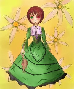 Rating: Safe Score: 0 Tags: 1girl brown_hair dress flower frills full_body green_dress green_eyes heterochromia image long_sleeves looking_at_viewer red_eyes short_hair simple_background solo souseiseki standing suiseiseki yellow_background User: admin