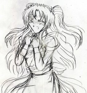 Rating: Safe Score: 0 Tags: 1girl apron blush cowboy_shot dress greyscale hands_on_own_chest image kirakishou long_hair long_sleeves monochrome simple_background sketch solo standing very_long_hair User: admin