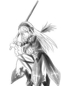 Rating: Safe Score: 0 Tags: 1girl boots dress eyebrows_visible_through_hair frills full_body greyscale hairband holding holding_sword holding_weapon image long_hair long_sleeves looking_at_viewer monochrome ribbon solo standing suigintou sword weapon wings User: admin