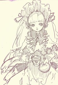 Rating: Safe Score: 0 Tags: 1girl bonnet dress frills image long_hair long_sleeves looking_at_viewer monochrome shinku sketch solo User: admin