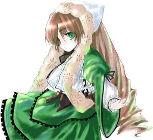 Rating: Safe Score: 0 Tags: 1girl brown_hair dress frills green_dress green_eyes image long_hair long_sleeves looking_at_viewer looking_back solo suiseiseki very_long_hair white_background User: admin