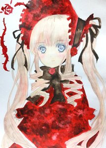 Rating: Safe Score: 0 Tags: 1girl blonde_hair blue_eyes blush bonnet bow dress flower image lace long_hair looking_at_viewer red_dress rose shinku solo traditional_media twintails very_long_hair User: admin