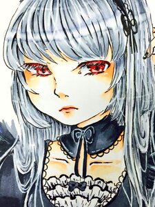 Rating: Safe Score: 0 Tags: 1girl bangs choker closed_mouth frills image long_hair looking_at_viewer portrait red_eyes ribbon silver_hair solo suigintou traditional_media User: admin