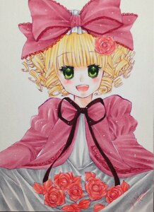 Rating: Safe Score: 0 Tags: 1girl blonde_hair bow dress drill_hair flower green_eyes hina_ichigo hinaichigo image long_sleeves open_mouth pink_bow pink_flower pink_rose red_flower red_rose rose short_hair smile solo traditional_media User: admin