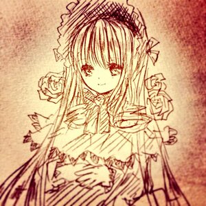 Rating: Safe Score: 0 Tags: 1girl dress flower frills image long_hair long_sleeves looking_at_viewer monochrome rose shinku smile solo upper_body User: admin