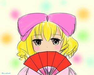 Rating: Safe Score: 0 Tags: 1girl blonde_hair blush drill_hair eyebrows_visible_through_hair gradient_background hat hinaichigo holding_umbrella image looking_at_viewer multicolored_background red_umbrella solo twitter_username umbrella upper_body User: admin