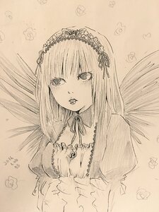 Rating: Safe Score: 0 Tags: 1girl bangs dress eyebrows_visible_through_hair flower image long_hair looking_at_viewer monochrome solo suigintou traditional_media upper_body wings User: admin