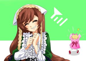 Rating: Safe Score: 0 Tags: 1girl blonde_hair braid brown_hair closed_eyes dress frills green_background grin hat head_scarf hinaichigo image long_hair pair smile suiseiseki very_long_hair User: admin