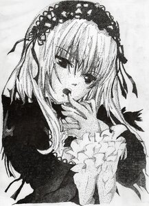 Rating: Safe Score: 0 Tags: 1girl dress flower greyscale hairband image long_hair long_sleeves looking_at_viewer monochrome ribbon rose simple_background solo suigintou traditional_media upper_body wings User: admin