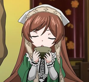 Rating: Safe Score: 0 Tags: 1girl blush brown_hair closed_eyes cup dress eyebrows_visible_through_hair frills green_dress image long_hair long_sleeves solo suiseiseki User: admin