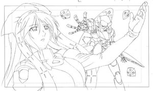 Rating: Safe Score: 0 Tags: 1girl breasts gloves greyscale hat image large_breasts long_hair monochrome sketch solo suiseiseki weapon User: admin