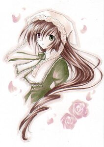 Rating: Safe Score: 0 Tags: 1girl brown_hair dress flower frills green_dress green_eyes hat heterochromia image long_hair long_sleeves looking_at_viewer petals ribbon simple_background solo suiseiseki traditional_media very_long_hair white_background User: admin