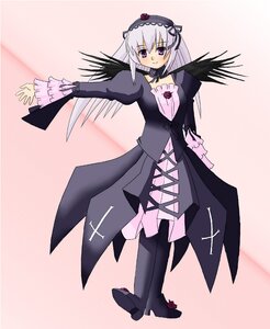 Rating: Safe Score: 0 Tags: 1girl auto_tagged black_wings boots detached_collar dress flower frills full_body hairband image lolita_hairband long_hair long_sleeves looking_at_viewer silver_hair smile solo standing suigintou wings User: admin