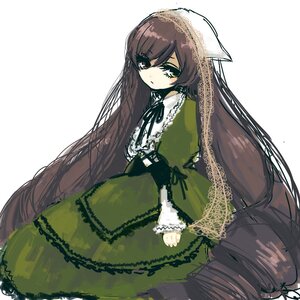 Rating: Safe Score: 0 Tags: 1girl black_ribbon brown_hair dress frills green_dress green_eyes heterochromia image long_hair long_sleeves looking_at_viewer ribbon simple_background solo suiseiseki very_long_hair white_background User: admin