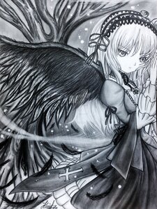 Rating: Safe Score: 0 Tags: 1girl black_wings dress flower frills greyscale hairband image lolita_hairband long_hair long_sleeves looking_at_viewer monochrome ribbon rose signature solo suigintou traditional_media very_long_hair wings User: admin