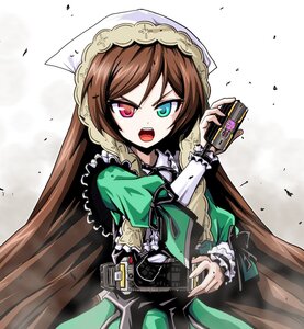 Rating: Safe Score: 0 Tags: 1girl black_ribbon bonnet brown_hair commentary_request dress frills green_dress green_eyes gun head_scarf heterochromia highres holding image kamen_rider kamen_rider_555 kamishima_kanon long_hair long_sleeves open_mouth puffy_sleeves red_eyes ribbon rozen_maiden solo suiseiseki upper_body very_long_hair weapon User: admin