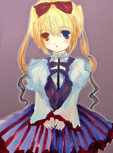 Rating: Safe Score: 0 Tags: 1girl blonde_hair blue_eyes bow costume_switch cowboy_shot dress frills hair_bow heterochromia image long_hair long_sleeves looking_at_viewer marker_(medium) puffy_sleeves ribbon simple_background solo striped traditional_media vertical_stripes User: admin