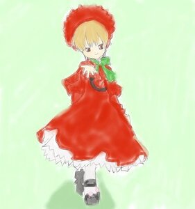 Rating: Safe Score: 0 Tags: 1girl blonde_hair bonnet bow dress full_body green_background image long_sleeves looking_at_viewer red_dress shinku simple_background smile solo standing User: admin