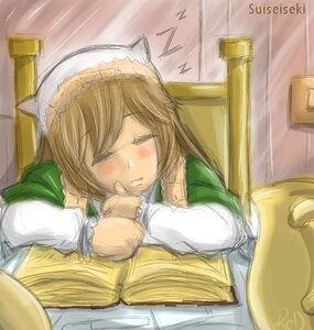 Rating: Safe Score: 0 Tags: 1girl animal_ears apron auto_tagged blush book brown_hair cat_ears closed_eyes image long_hair long_sleeves sketch sleeping solo suiseiseki User: admin