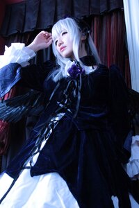 Rating: Safe Score: 0 Tags: 1girl bangs black_dress closed_eyes curtains dress feathers frills gothic_lolita lips lolita_fashion long_hair long_sleeves rose solo suigintou white_hair User: admin