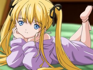 Rating: Safe Score: 0 Tags: 1girl bare_shoulders barefoot blonde_hair blue_eyes chin_rest hair_ribbon image indoors legs_up long_hair looking_at_viewer lying off_shoulder on_stomach ribbon shinku soles solo the_pose twintails User: admin