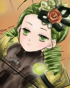 Rating: Safe Score: 0 Tags: 1girl antenna_hair blush closed_mouth flower green_eyes green_hair hair_ornament image kanaria long_hair looking_at_viewer red_flower red_rose rose simple_background solo User: admin