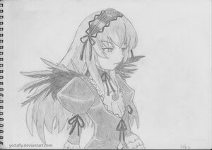 Rating: Safe Score: 0 Tags: 1girl artist_name dress flower frills greyscale hairband image long_hair long_sleeves monochrome ribbon simple_background solo suigintou traditional_media upper_body wings User: admin
