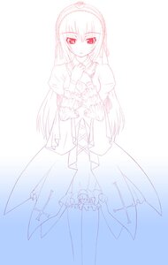Rating: Safe Score: 0 Tags: 1girl asa_(swallowtail) dress frills full_body gradient gradient_background hairband image lolita_hairband long_hair long_sleeves looking_at_viewer monochrome red_eyes rozen_maiden simple_background solo spot_color standing suigintou very_long_hair User: admin