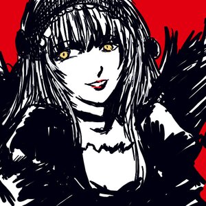 Rating: Safe Score: 0 Tags: 1girl bangs bare_shoulders choker image limited_palette long_hair looking_at_viewer monochrome red_background simple_background solo spot_color suigintou upper_body yellow_eyes User: admin
