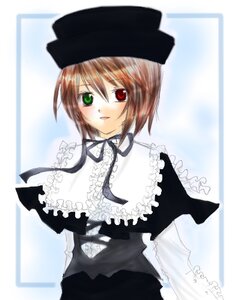 Rating: Safe Score: 0 Tags: 1girl auto_tagged blush brown_hair dress frills green_eyes hat heterochromia image long_sleeves looking_at_viewer red_eyes smile solo souseiseki User: admin